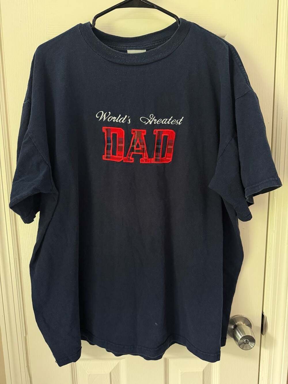 Vintage Tultex World's Greatest DAD Plaid Applique Graphic Navy T-Shirt 2XL